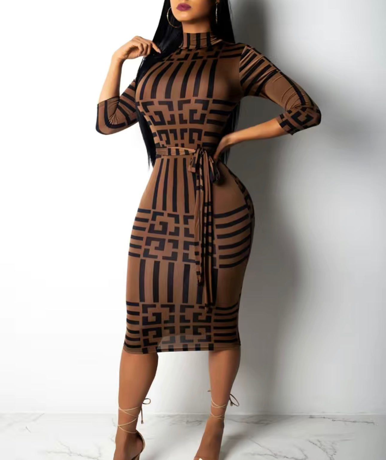 Geo Print Tie Front Bodycon Dress, Sexy Mock Neck Half Sleeve Dress, W Oh That's Her! Geo Print Tie Front Bodycon Dress, Sexy Mock Neck Half Sleeve Dress, W Oh That's Her!