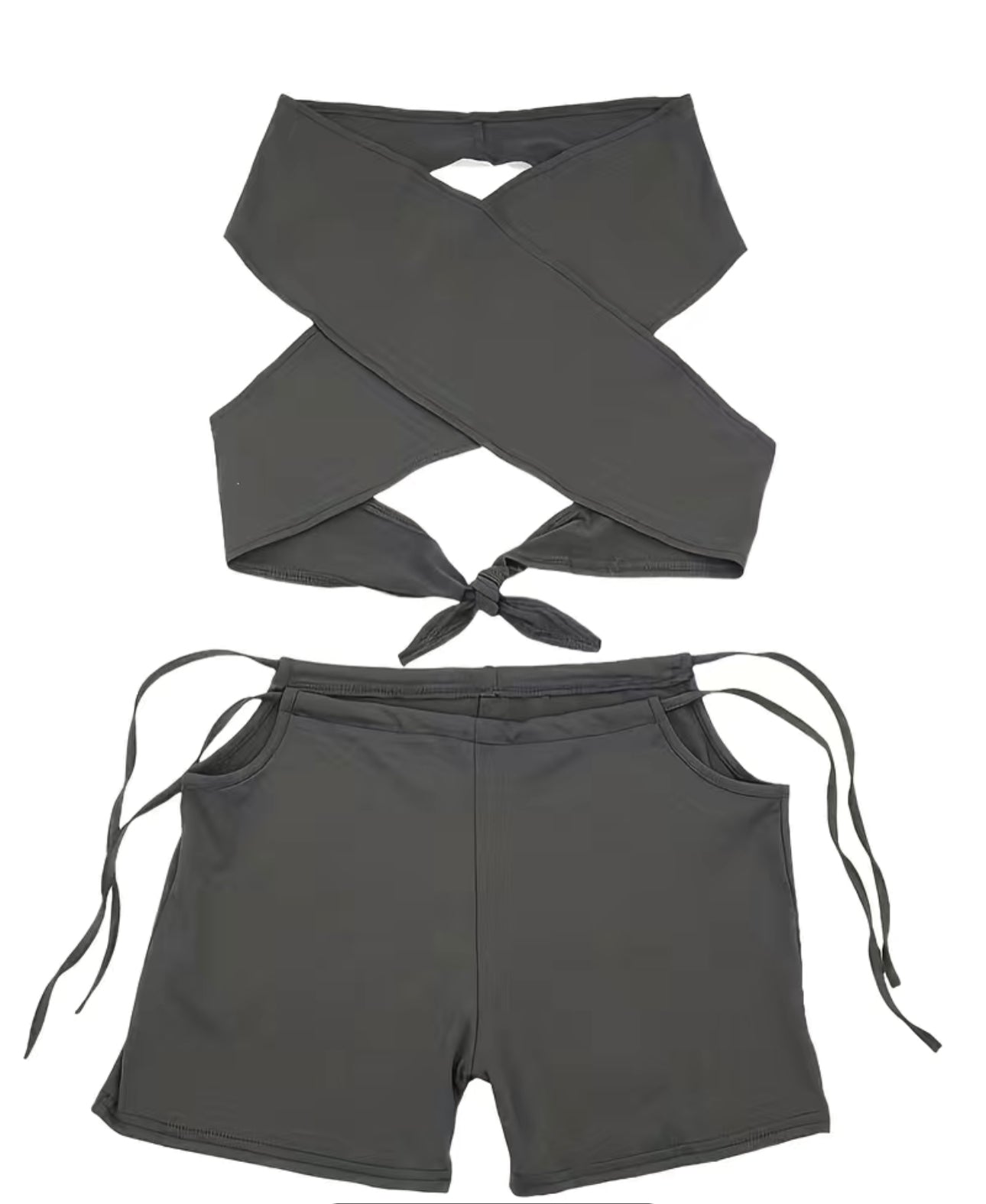 Sexy Solid 2pcs Set, Crop Backless Lace Up Halter Top & Cut Out Skinny Shorts, Women's Clothing