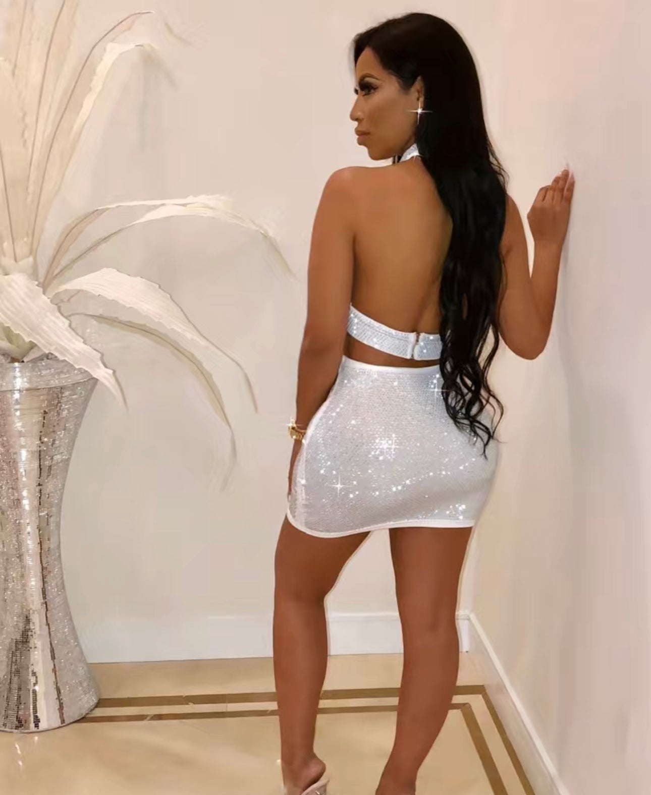 Sexy rhinestone, Backless Crop Halter Top & High Waist rhinestone Skirt,