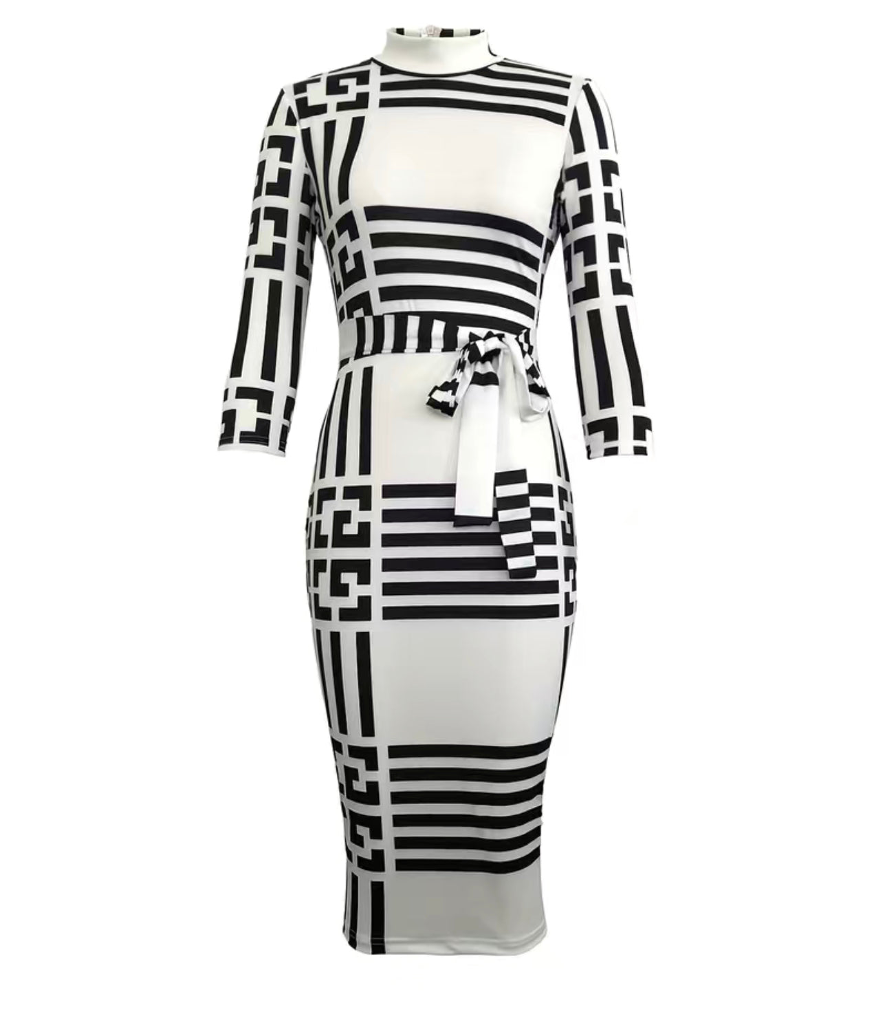 Geo Print Tie Front Bodycon Dress, Sexy Mock Neck Half Sleeve Dress, Women's Clothing