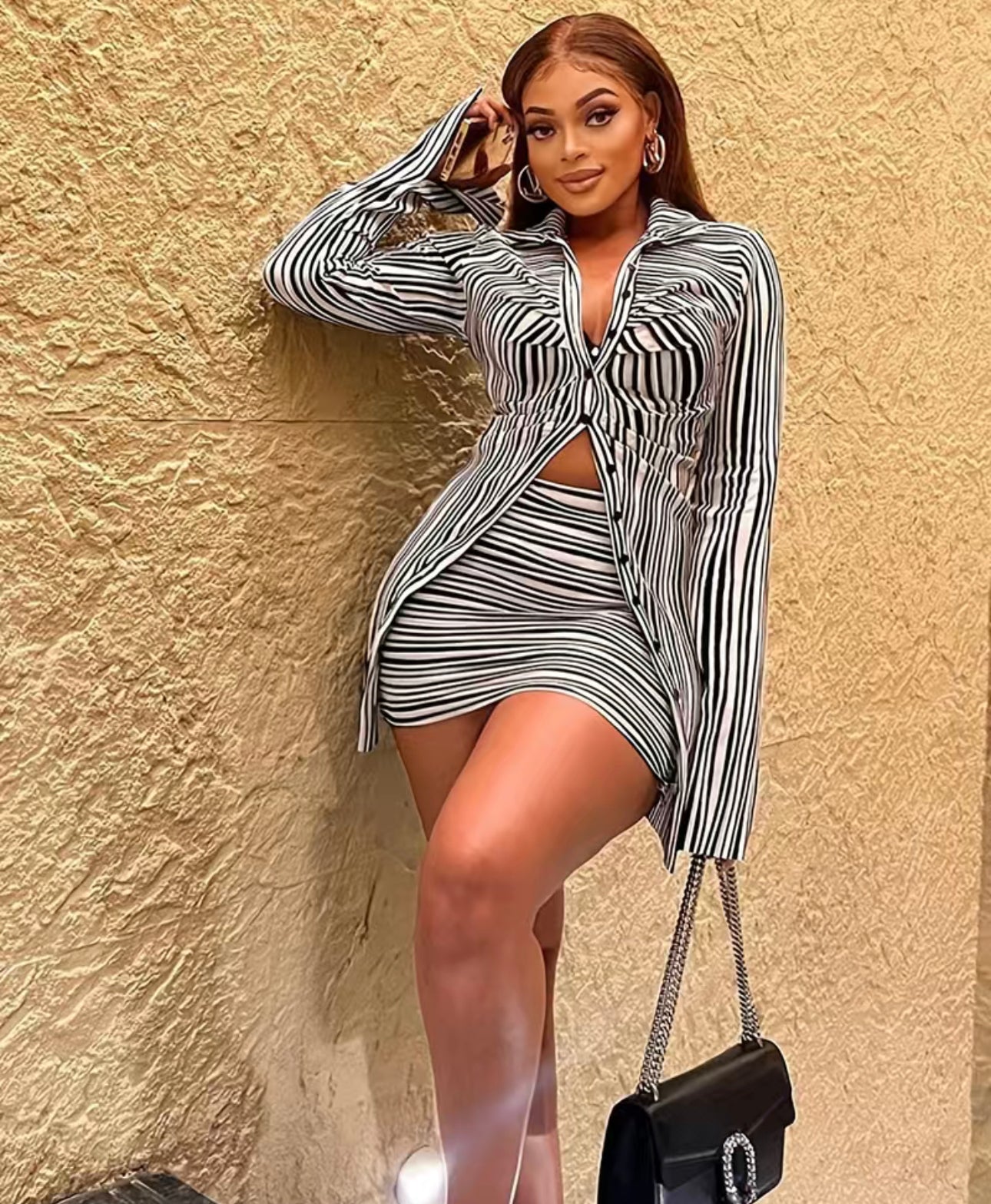 Sexy zebra Striped Two-piece Set, Long Sleeve Button Shirt & Slim High Waist Skirt