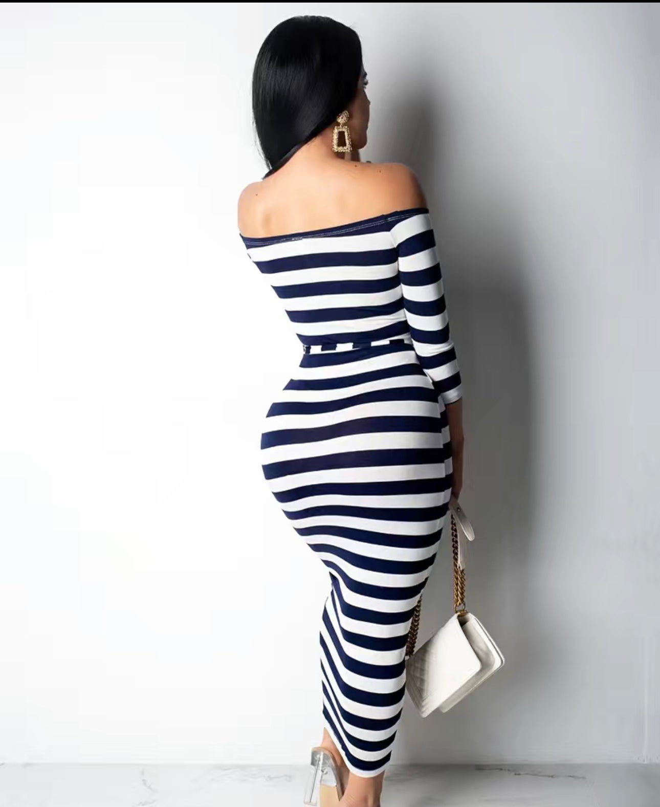 Off Shoulder Striped Dress, Stretchy Long Sleeve Dress, Casual Every Day Dress, Women's Clothing