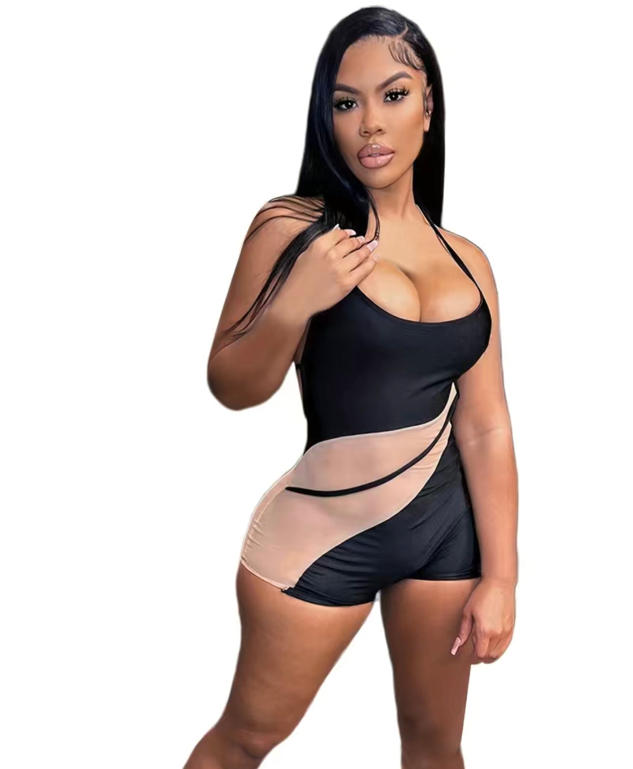 Contrast Mesh Halter Pajama Romper, Scoop Neck Backless Lace Up Pajamas, Women's Lingerie & Sleepwear