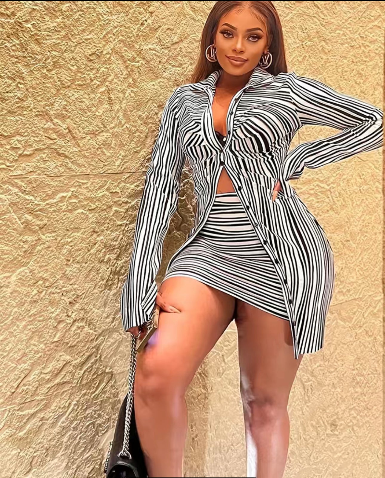 Sexy zebra Striped Two-piece Set, Long Sleeve Button Shirt & Slim High Waist Skirt