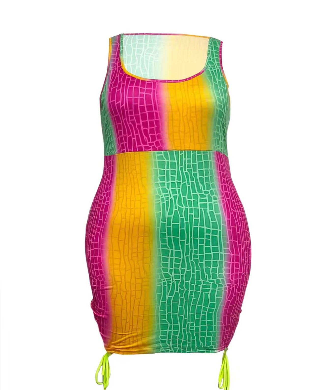 Plus Size Casual Tank Dress, Women's Plus Colorblock Crocodile Print Scoop Neck Lace Up Medium Stretch Slim Fit Mini Tank Dress