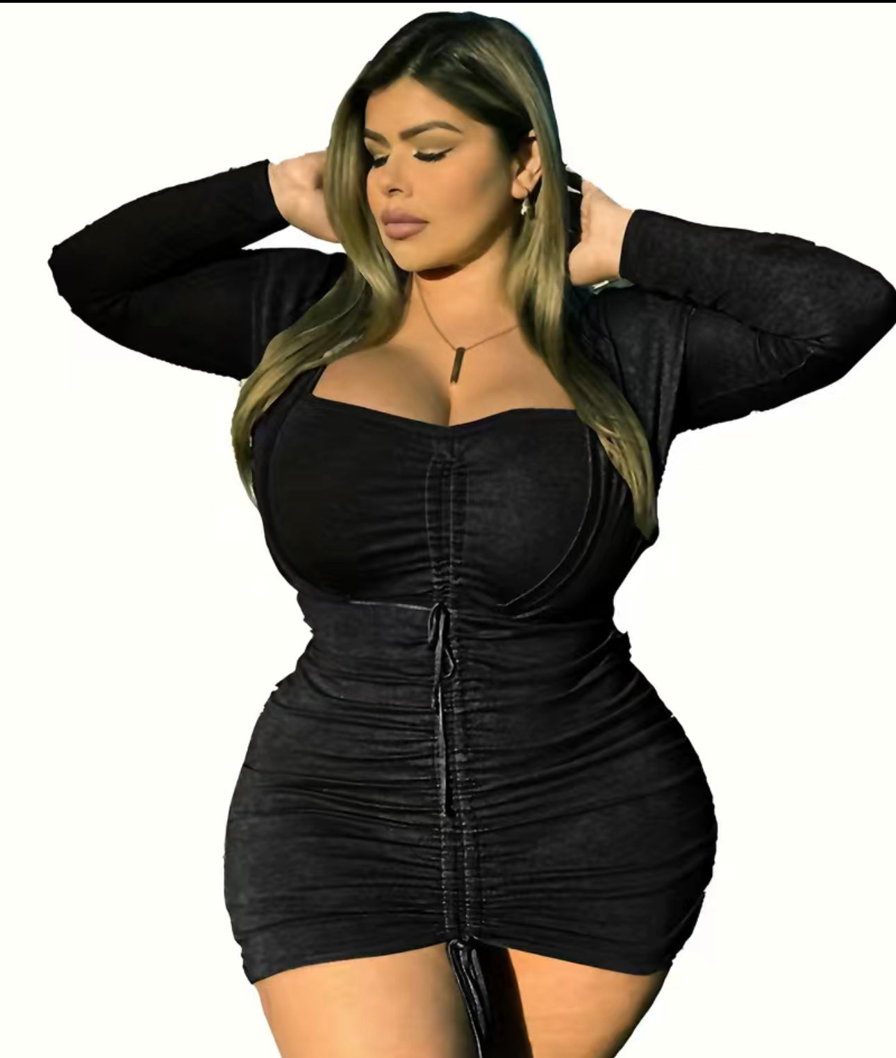 Plus Size Sexy Dress, Women's Plus Solid Long Sleeve Sweetheart Neck Drawstring Ruched Medium Stretch Bodycon Mini Dress