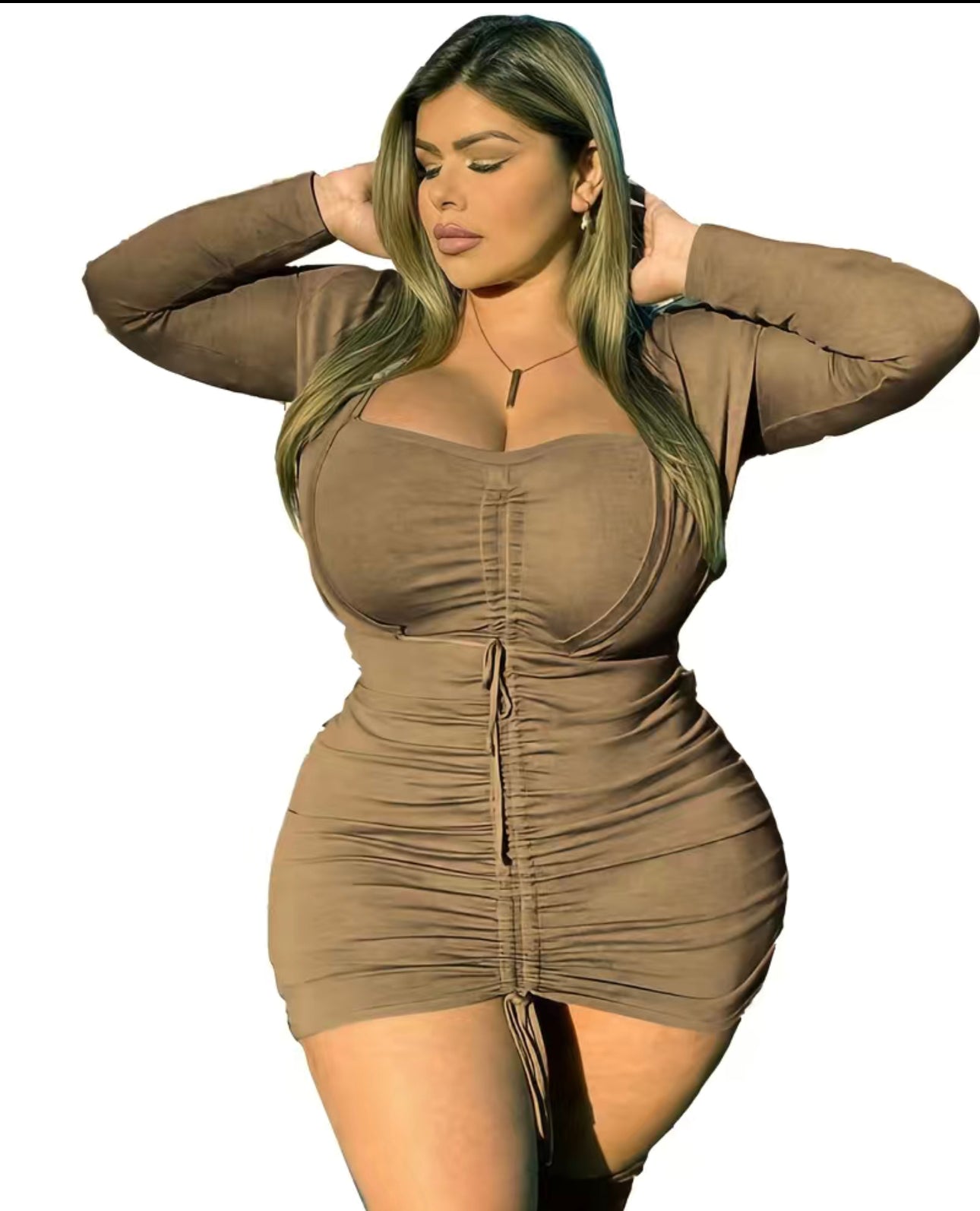 Plus Size Sexy Dress, Women's Plus Solid Long Sleeve Sweetheart Neck Drawstring Ruched Medium Stretch Bodycon Mini Dress