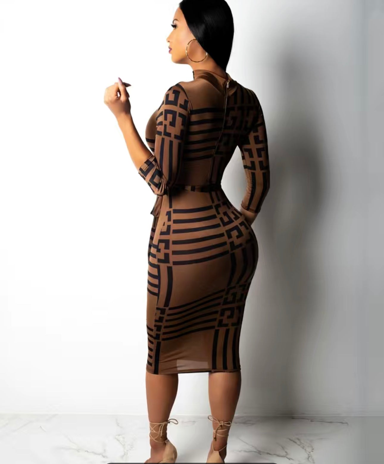 Geo Print Tie Front Bodycon Dress, Sexy Mock Neck Half Sleeve Dress, W – Oh That's Her!
