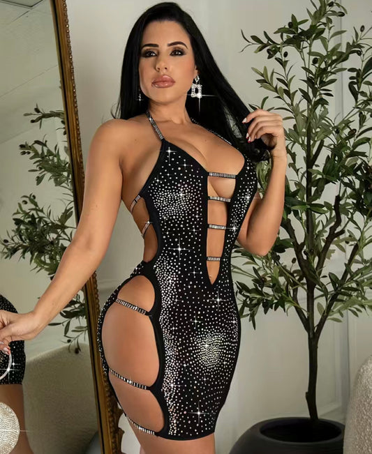 Y2K Rhinestone Cut Out Sexy Halter Dress, Nightclub Party Dress, Women's Clothing