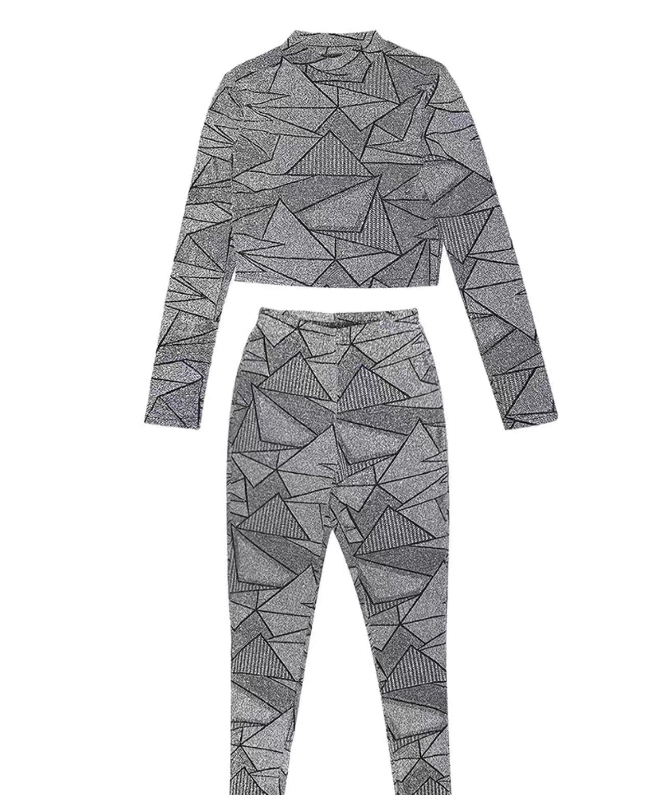 Geometric Print 2pc Set, Turtle Neck Long Sleeve Top & High Waist Stretchy Pants,