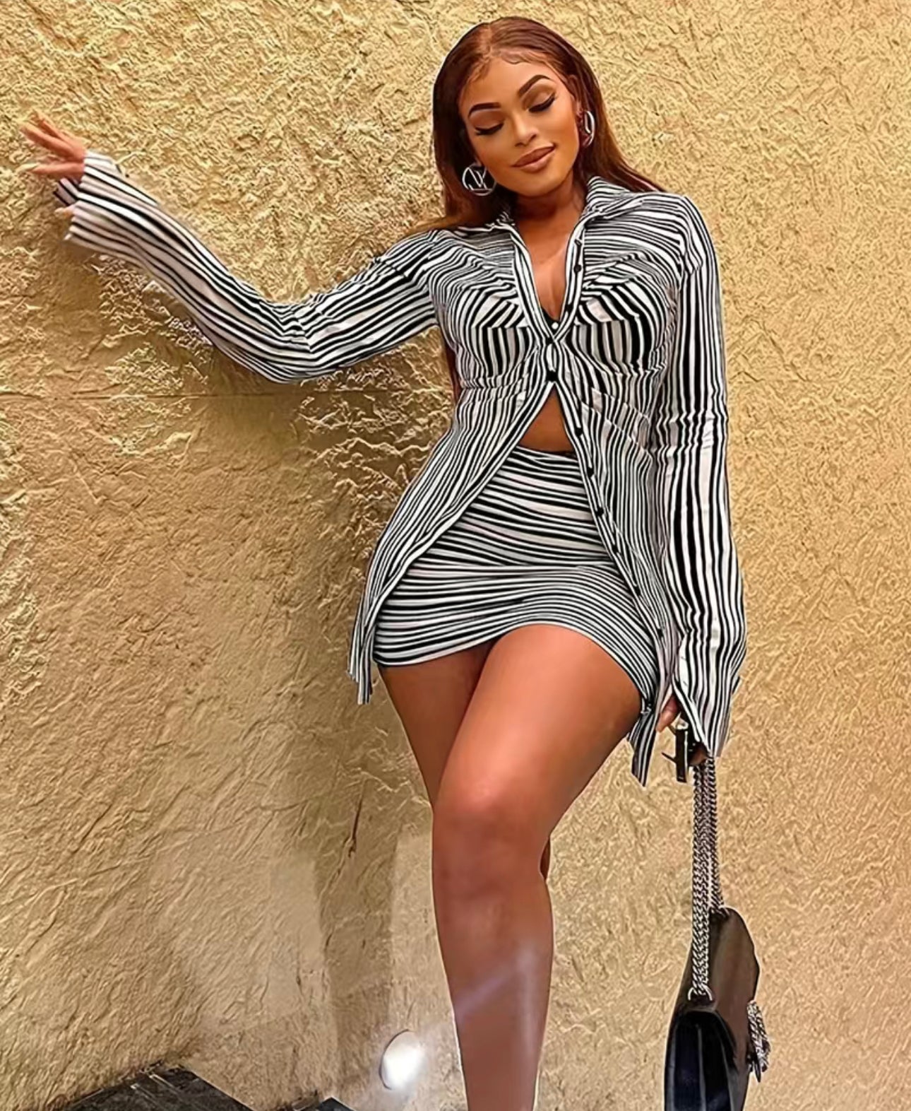 Sexy zebra Striped Two-piece Set, Long Sleeve Button Shirt & Slim High Waist Skirt