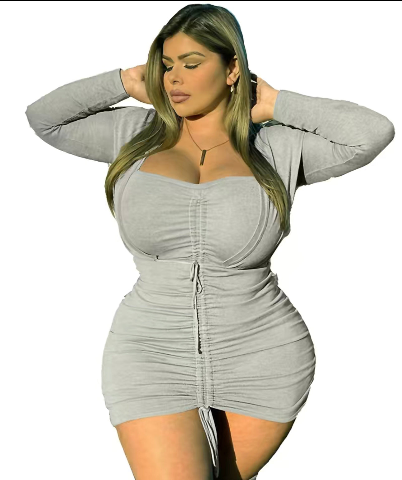 Plus Size Sexy Dress, Women's Plus Solid Long Sleeve Sweetheart Neck Drawstring Ruched Medium Stretch Bodycon Mini Dress