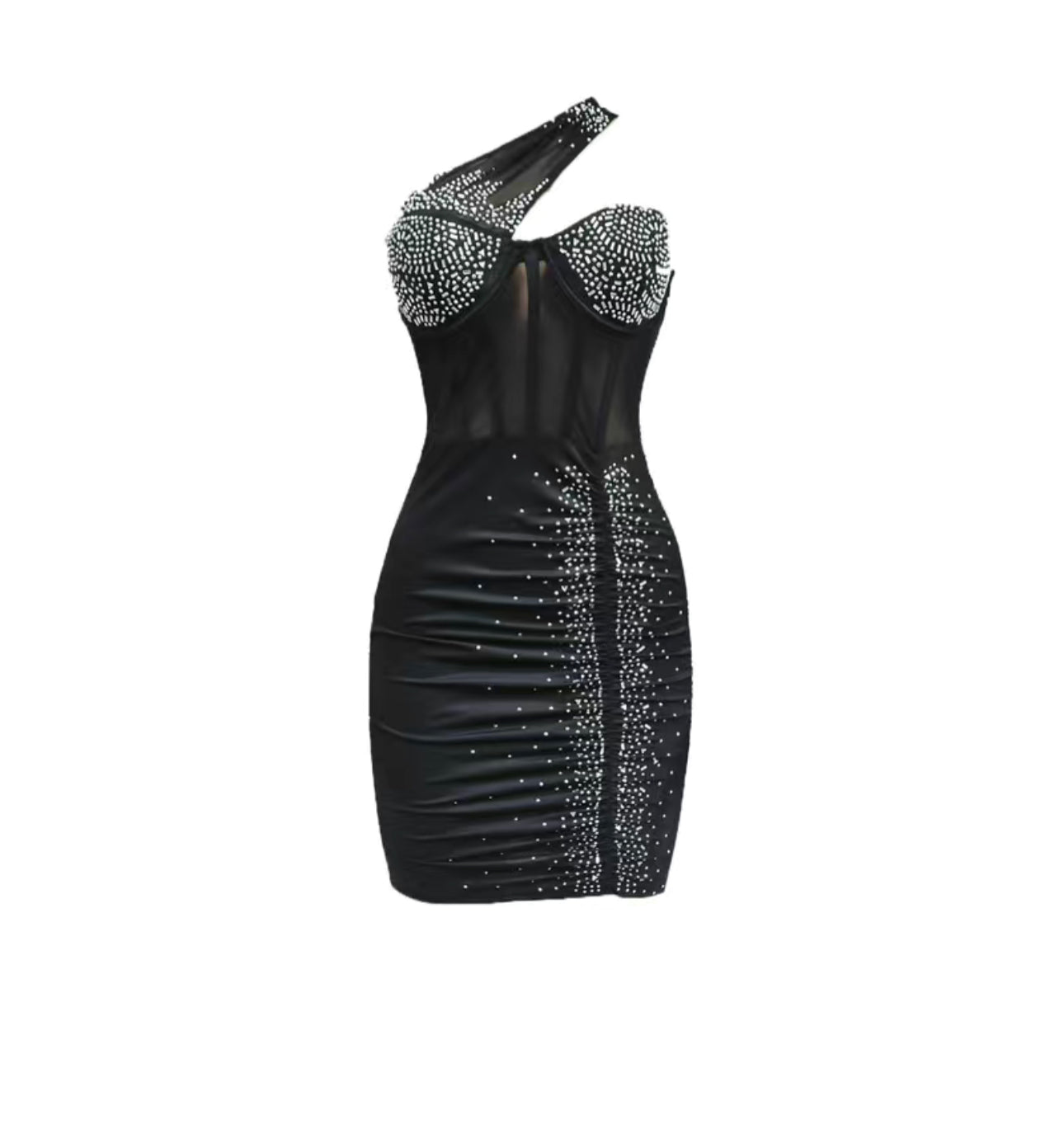 Glitter Rhinestone Halter Bodycon Dress, Sexy Contrast Mesh Ruched Bustier Dress For Club & Party, Women's Clothing