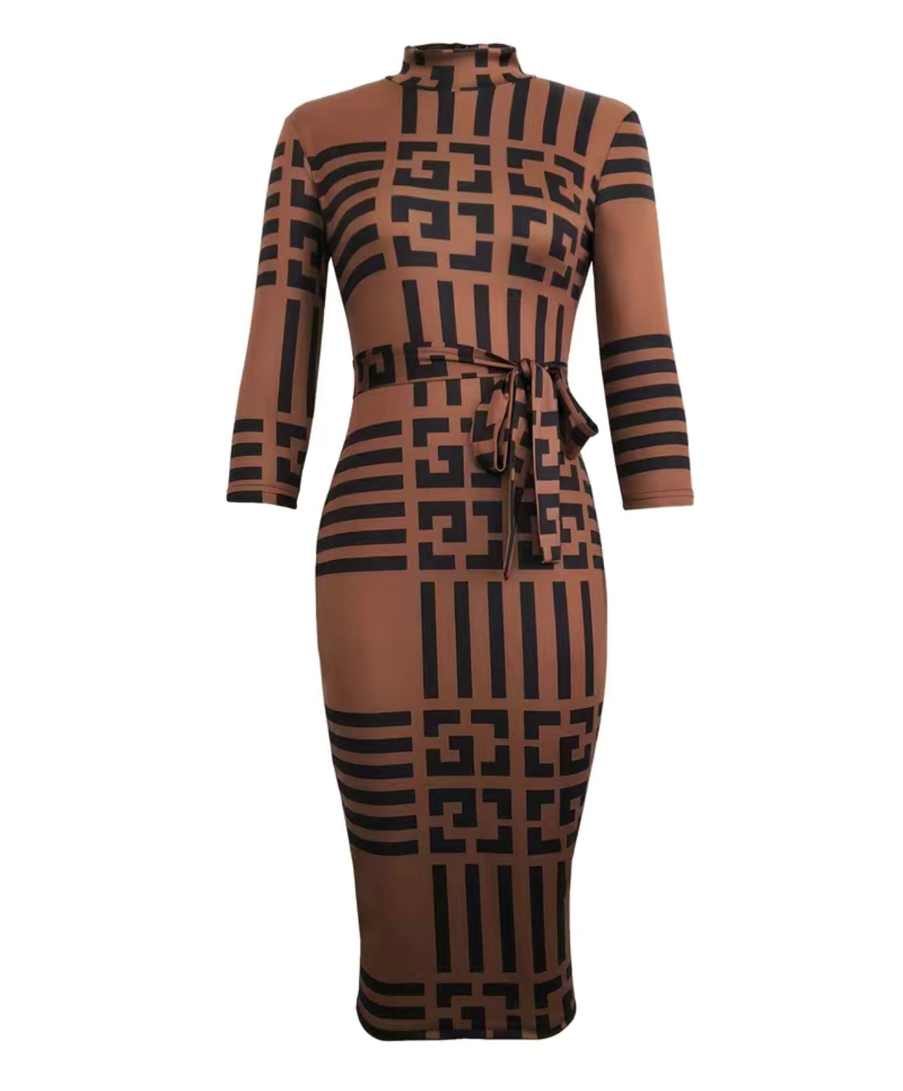 Geo Print Tie Front Bodycon Dress, Sexy Mock Neck Half Sleeve Dress, Women's Clothing