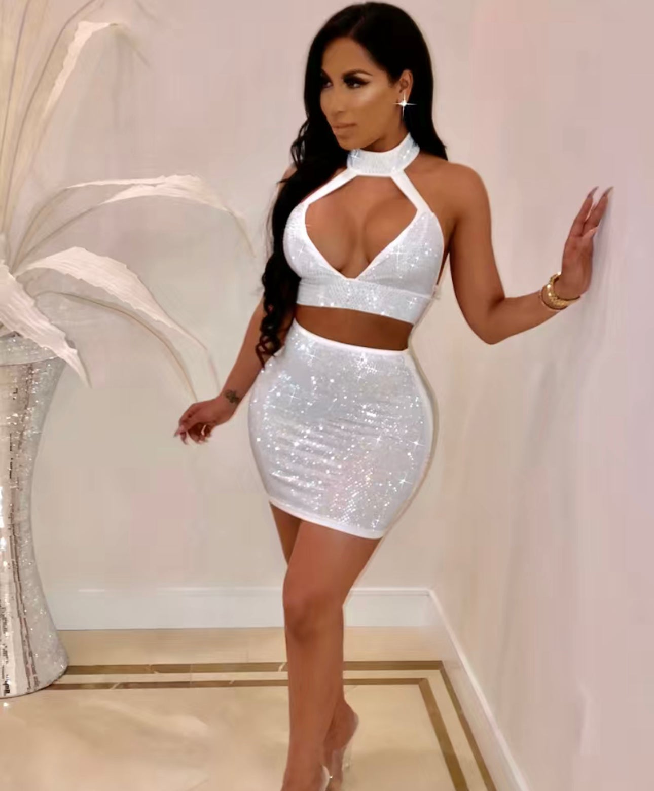 Sexy rhinestone, Backless Crop Halter Top & High Waist rhinestone Skirt,