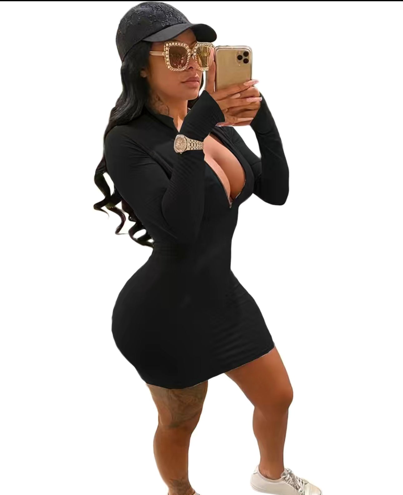 Zipper Solid Dress, Sexy Mock Neck Long Sleeve Bodycon Dress, Women's Clothing