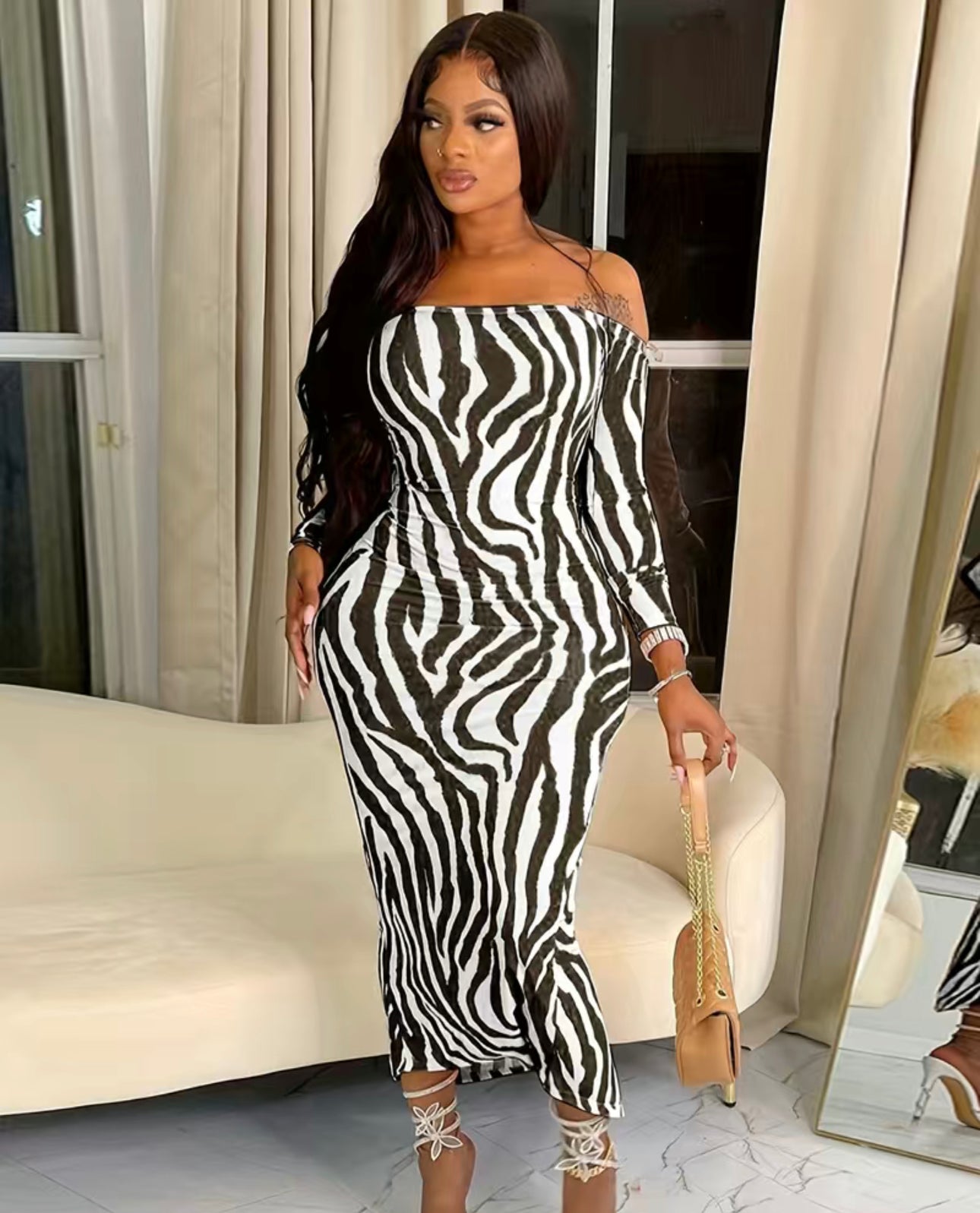 Sexy zebra print, long sleeve dress